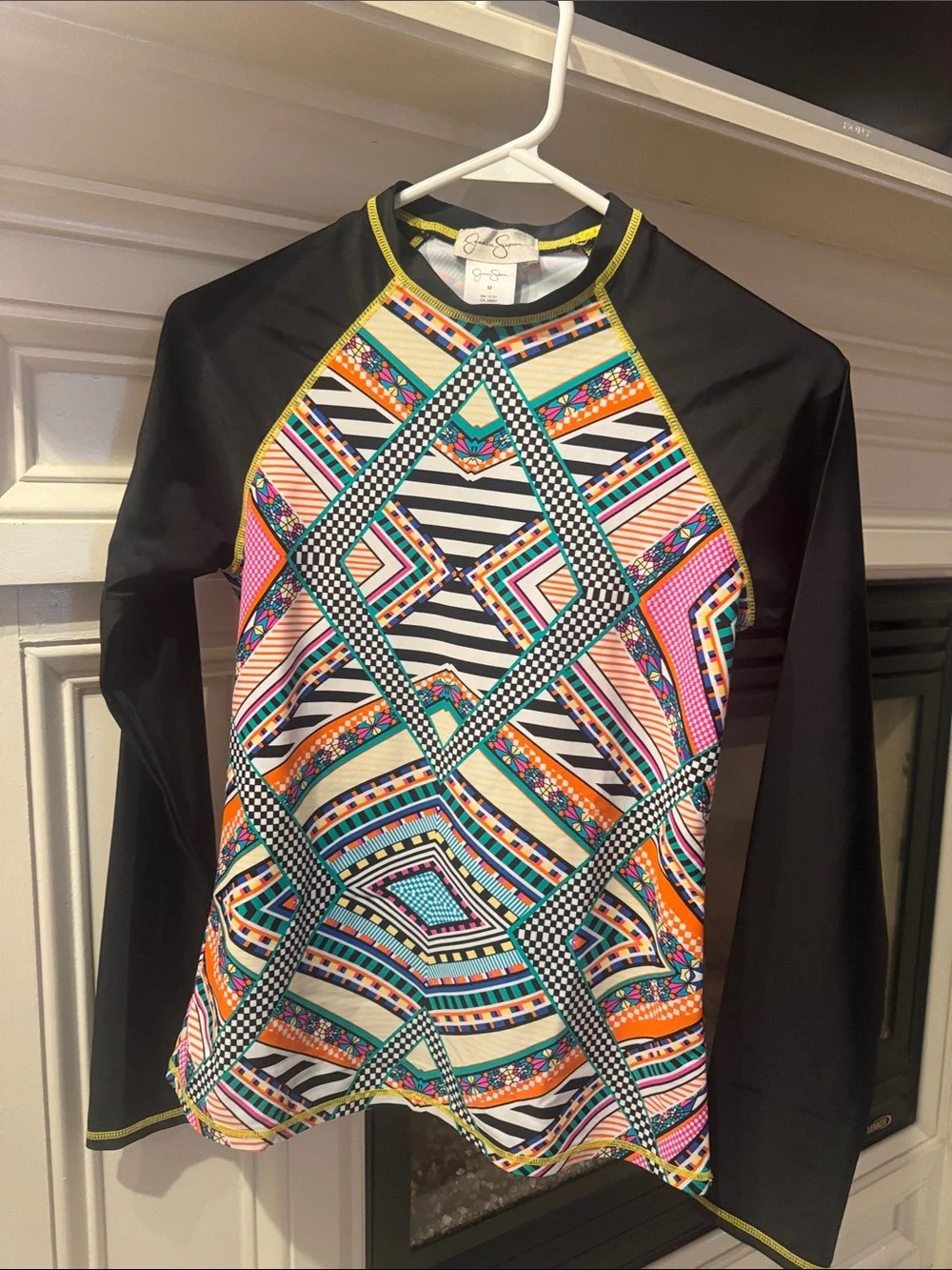 Jessica Simpson Black Rash Guard Top with Multicolor Geo Print